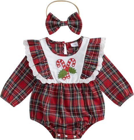 Newborn Baby Girl Christmas Outfit Lace Trim Plaid Romper Long Sleeve Bodysuit Headband Winter Clothes in Saudi Arabia