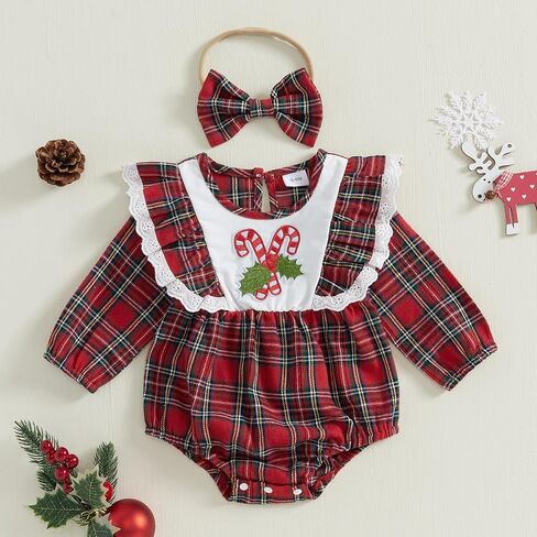 Newborn Baby Girl Christmas Outfit Lace Trim Plaid Romper Long Sleeve Bodysuit Headband Winter Clothes in Saudi Arabia