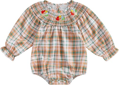 GOOCHEER Toddler Baby Girl Thanksgiving Outfit Turkey Embroidered Plaid Smocked Bubble Roper Bodysuit Fall Winter Clothes in Saudi Arabia