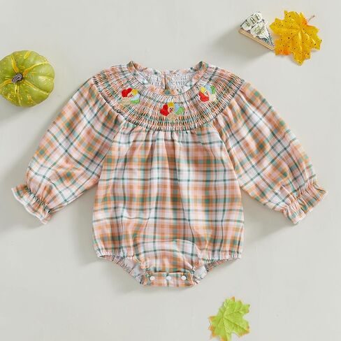 GOOCHEER Toddler Baby Girl Thanksgiving Outfit Turkey Embroidered Plaid Smocked Bubble Roper Bodysuit Fall Winter Clothes in Saudi Arabia