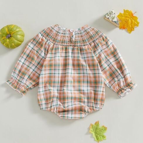 GOOCHEER Toddler Baby Girl Thanksgiving Outfit Turkey Embroidered Plaid Smocked Bubble Roper Bodysuit Fall Winter Clothes in Saudi Arabia