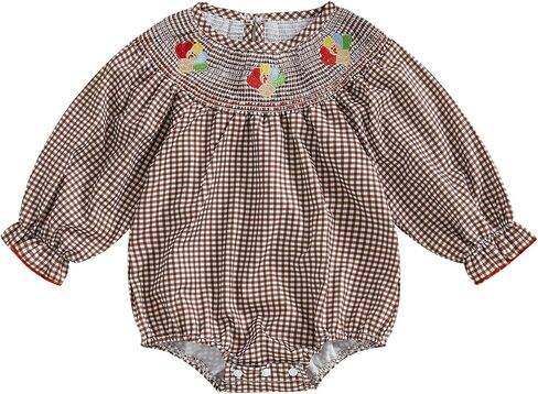 GOOCHEER Toddler Baby Girl Thanksgiving Outfit Turkey Embroidered Plaid Smocked Bubble Roper Bodysuit Fall Winter Clothes in Saudi Arabia