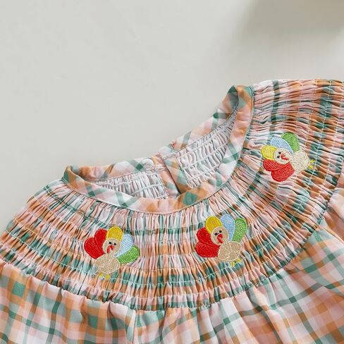 GOOCHEER Toddler Baby Girl Thanksgiving Outfit Turkey Embroidered Plaid Smocked Bubble Roper Bodysuit Fall Winter Clothes in Saudi Arabia