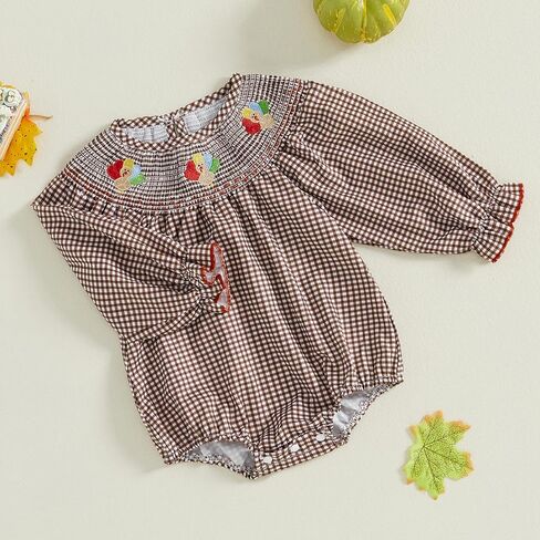 GOOCHEER Toddler Baby Girl Thanksgiving Outfit Turkey Embroidered Plaid Smocked Bubble Roper Bodysuit Fall Winter Clothes in Saudi Arabia