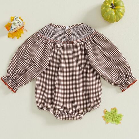 GOOCHEER Toddler Baby Girl Thanksgiving Outfit Turkey Embroidered Plaid Smocked Bubble Roper Bodysuit Fall Winter Clothes in Saudi Arabia