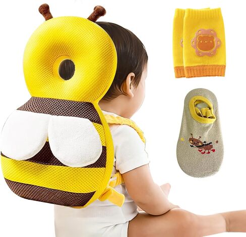 Baby Head Protector,Infant Fall Protection, Baby Head Protector Cushion Backpack with Baby Knee Pads Anti Slip Socks for Walking & Crawling (Yellow Bees) in Kuwait
