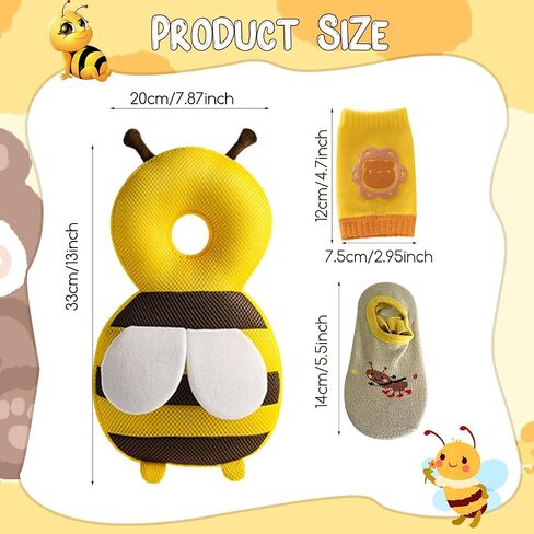 Baby Head Protector,Infant Fall Protection, Baby Head Protector Cushion Backpack with Baby Knee Pads Anti Slip Socks for Walking & Crawling (Yellow Bees) in Kuwait