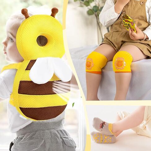 Baby Head Protector,Infant Fall Protection, Baby Head Protector Cushion Backpack with Baby Knee Pads Anti Slip Socks for Walking & Crawling (Yellow Bees) in Kuwait