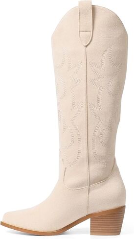 VIMISAOI Suede Cowboy Boots for Women Knee High Fall Boot Western Cowgirl Chunky Block Heel Wide Calf Pointed Toe Tall Boots with Embroidered in Saudi Arabia