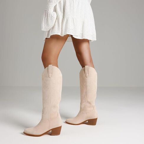 VIMISAOI Suede Cowboy Boots for Women Knee High Fall Boot Western Cowgirl Chunky Block Heel Wide Calf Pointed Toe Tall Boots with Embroidered in Saudi Arabia