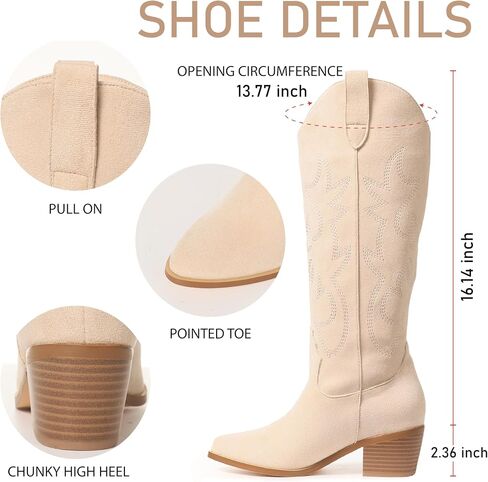 VIMISAOI Suede Cowboy Boots for Women Knee High Fall Boot Western Cowgirl Chunky Block Heel Wide Calf Pointed Toe Tall Boots with Embroidered in Saudi Arabia