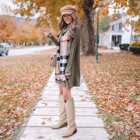 VIMISAOI Suede Cowboy Boots for Women Knee High Fall Boot Western Cowgirl Chunky Block Heel Wide Calf Pointed Toe Tall Boots with Embroidered in Saudi Arabia