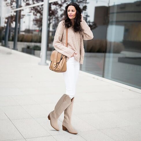 VIMISAOI Suede Cowboy Boots for Women Knee High Fall Boot Western Cowgirl Chunky Block Heel Wide Calf Pointed Toe Tall Boots with Embroidered in Saudi Arabia