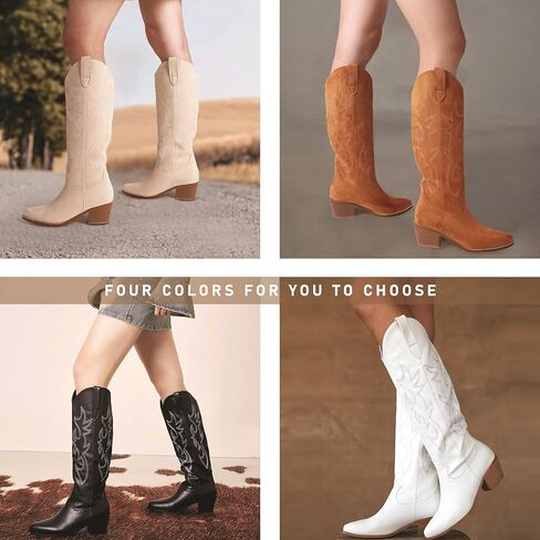 VIMISAOI Suede Cowboy Boots for Women Knee High Fall Boot Western Cowgirl Chunky Block Heel Wide Calf Pointed Toe Tall Boots with Embroidered in Saudi Arabia