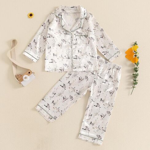 Honganda Kids Toddler Baby Girl Fall Two Piece Pajamas Set Long Sleeve Duck Pajama Shirt Bottom Pants Satin Sleepwear Clothes in Saudi Arabia