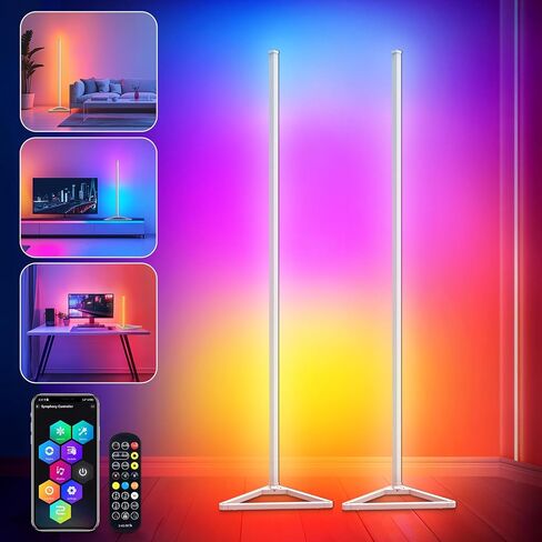 مصباح أرضي RGBIC، مصابيح أرضية LED 16 مليون لون، مصابيح 141 سم لغرفة المعيشة مع مزامنة الموسيقى، مصباح قائم مع تطبيق وجهاز تحكم عن بعد، مصباح زاوية للإضاءة المحيطة بالألعاب ديكور غرفة النوم in Kuwait