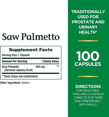 Nature's Bounty Saw Palmetto Support for Prostate and Urinary Health, Herbal Health Supplement, 450mg, 250 Capsules in Saudi Arabia