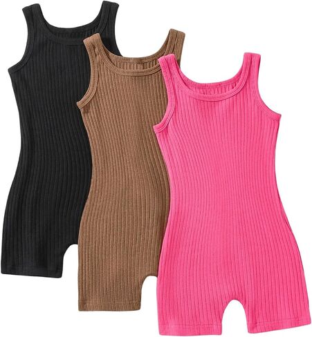 Floerns Girl's 3 Pcs Sleeveless Rib Knit Round Neck Tank Rompers Jumpsuit in Saudi Arabia
