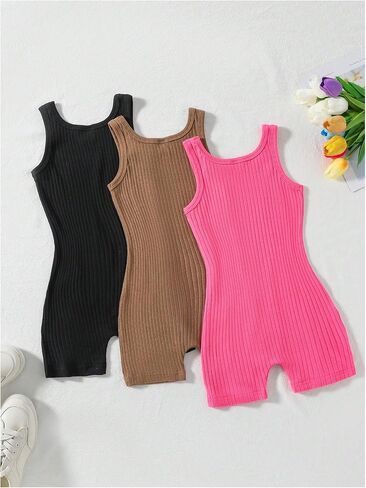 Floerns Girl's 3 Pcs Sleeveless Rib Knit Round Neck Tank Rompers Jumpsuit in Saudi Arabia