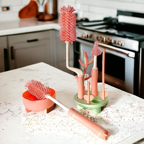 Silicone Baby Bottle Brush Set with Stand, 360° Rotating Silicone Bottle Cleaning Brush Cleaner Set of 4, Multipurpose Silicone Baby Bottle Straw Cleaner Brush (Green) in Kuwait