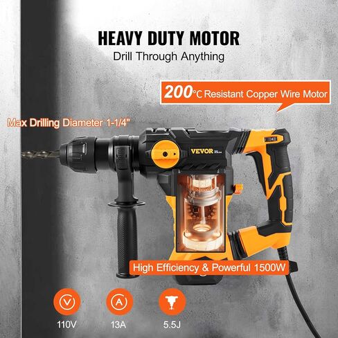 VEVOR 1-9/16 Inch SDS-Plus 13 Amp Heavy Duty Rotary Hammer Drill, Heavy Duty Chipping Hammers with Vibration Control & Safety Clutch, Electric Demolition Hammers Variable Speed,Power Tool For Concrete in Saudi Arabia
