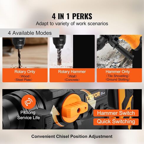 VEVOR 1-9/16 Inch SDS-Plus 13 Amp Heavy Duty Rotary Hammer Drill, Heavy Duty Chipping Hammers with Vibration Control & Safety Clutch, Electric Demolition Hammers Variable Speed,Power Tool For Concrete in Saudi Arabia