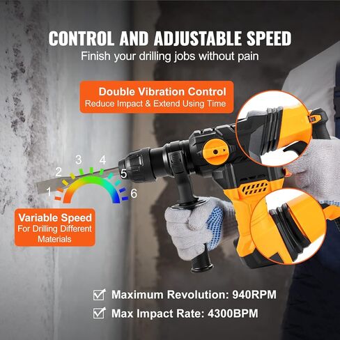 VEVOR 1-9/16 Inch SDS-Plus 13 Amp Heavy Duty Rotary Hammer Drill, Heavy Duty Chipping Hammers with Vibration Control & Safety Clutch, Electric Demolition Hammers Variable Speed,Power Tool For Concrete in Saudi Arabia