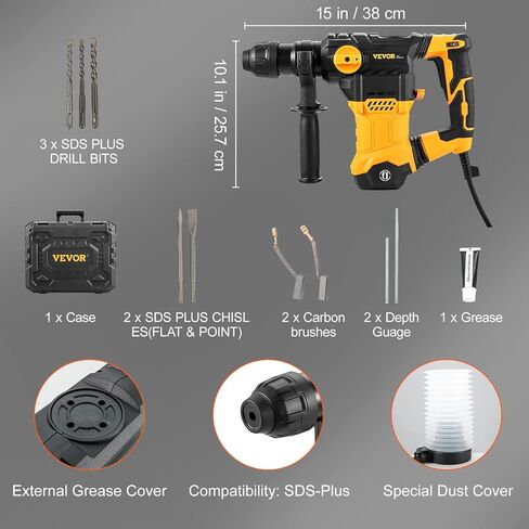 VEVOR 1-9/16 Inch SDS-Plus 13 Amp Heavy Duty Rotary Hammer Drill, Heavy Duty Chipping Hammers with Vibration Control & Safety Clutch, Electric Demolition Hammers Variable Speed,Power Tool For Concrete in Saudi Arabia