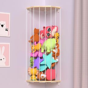 Corner Stuffed Animal Organizer Storage, Wooden Stuffed Animal Holder,Plushie Toys Net with 42-71inch Length,Wall Mounted Stuffed Animal Storage for Nursery,Bedroom