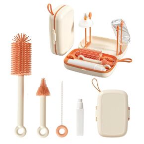 7 in 1 Baby Bottle Brush Set with Silicone Brush, Nipple Brush, Straw Brush, Soap Dispenser, Bottle Drying Rack, Storage Box - Baby Essentials for Home and Travel, Idea Gifts
