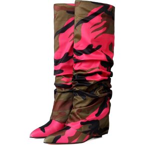 Oiamenne Women's Fold Over Boots Slouched Ruched Knee High Boots for Women Wedge Heel Pointed Toe Tall Boot Wide Calf Pull-on Casual Boots