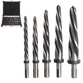5PCS M2 HSS Taper Chucking Reamer Set 3/8",1/2",5/8",3/4",1 Fit 1/2" Round Shank Construction Reamer Drill Bit Bridge Also for Wood Alloy Steel Metal Align The existing Hole and Expand The Reamer
