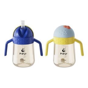 Weighted Straw Sippy Cup for toddlers 1-3, Spill Proof Water Bottle with Fixed Handle, 10 Ounce 2 Pack(Blue/Yellow)