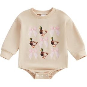 Newborn Baby Boy Girl Hunting Clothes Mallard Duck Bow Sweatshirt Romper Long Sleeve Bubble Romper Bodysuit Outfit