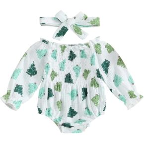 Infant Baby Girl Christmas Outfit Smocked Bubble Romper Cute Printed Long Sleeve Cotton Linen Bodysuit Headband