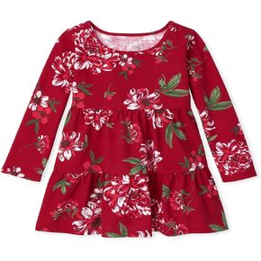 The Children's Place Baby Toddler Girl Long Sleeve Floral Print Knit Tiered Dress