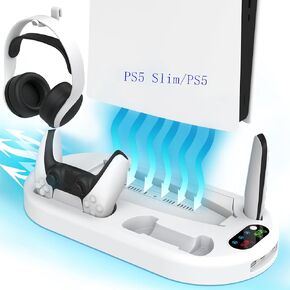 PS5 Slim Cooling Stand Dual Controller Charging for Playstation 5 Console Wall Mount Cooling PS5 Controller Fast Charging Vertical Stand Incl 3 Levels Cooling Fan Cooler for PS5 Slim Digital/Disc