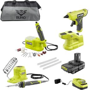 Buho Cordless 3-Tool Hobby Accessory Bundle - 18-Volt Compact Glue Gun Soldering Iron Rotary Tool 1.5 Ah Battery Charger Tool Bag