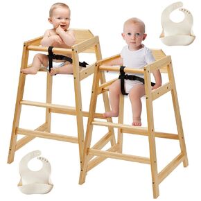 Wooden Baby High Chair, Neoflavie 2 Pcs Stack-able Solid Wood Feeding Seat with 3 Point Safety Harness and 2 Pcs Baby Bibs for Restaurant & Home Use - Natural