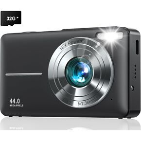 Digital Camera, Upgraded FHD 1080P Kids Camera with 32GB Card, 16X Zoom Time Stamp Anti Shake, Lanyard, 44MP Compact Portable Small Point and Shoot Camera for Kid Student Children Teen Girl Boy(White)