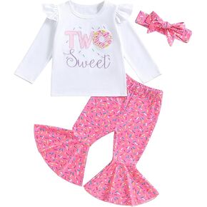 1st/2nd Birthday Outfit Girl Sweet One Two Sweet Long Sleeve Sweatshirt Romper/Shirt Tops Flared Pants Set 3Pcs