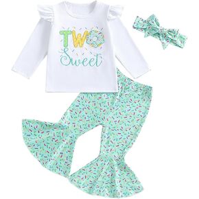 1st/2nd Birthday Outfit Girl Sweet One Two Sweet Long Sleeve Sweatshirt Romper/Shirt Tops Flared Pants Set 3Pcs