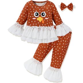 Thanksgiving Outfit Toddler Girl Turkey Print Lace Ruffle Polka Dots Top Pants Headband Thanksgiving Baby Girl Outfit