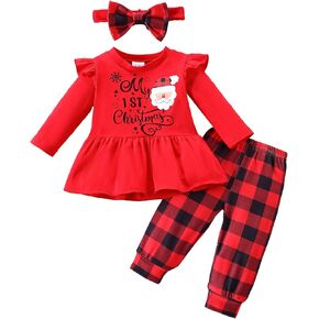 My First Christmas Baby Girl Outfit Newborn Ruffle Santa Claus Tunic Drees Shirt Buffalo Plaid Pant Winter Clothes