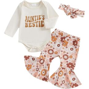 Lamuusaa Newborn Baby Girl Clothes Long Sleeve Aunties Bestie Romper Floral Flared Pants Headband Fall Winter Outfit