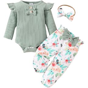 Baby Girl Clothes,Newborn Girl Outfit Long Sleeve Ruffle Romper Floral Long Pants Headband 3 PCS Fall Winter Clothing