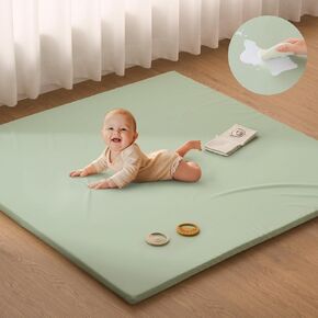 Blissful Diary Vegan Leather Baby Play Mat, Thicken Foam Cushioned & Waterproof Playpen Mat for Infants and Toddlers, Stylish and Just Wipe-Clean Crawling Mat for Tummy Time, 43" X 43", Light Green