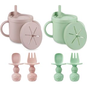 PandaEar 2 Pack Silicone Baby Straw Cups & Snack Cups with 2 Spoons 2 Forks, Dual-Purpose Toddler Training Cups, Pink&Green