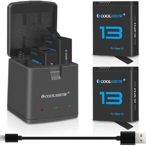 COOLSHOW 2 Packs HERO13 Battery Charger Kit for HERO13 Enduro Rechargeable Battery 2100mAh and 3 Channel HERO13 Battery Charger Battery Storage Box Design Compatible with GoPro HERO13 Black