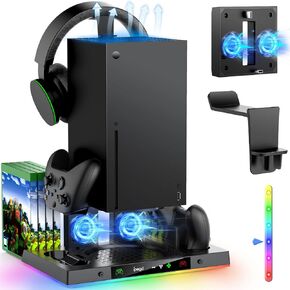 محطة شحن مروحة تبريد مطورة من MENEEA لوحدة التحكم ووحدة التحكم Xbox Series X، قاعدة شحن مزدوجة ونظام تبريد مع 15 مصباحًا ملونًا لمجموعة ملحقات Xbox Series X